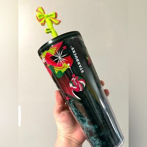 Starbucks 2023 Christmas Ribbon and ornaments plastic tumbler with topper